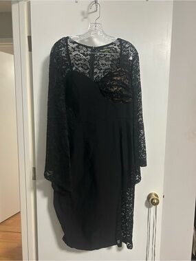 Black Lace Midi Dress with Sheer Sleeves